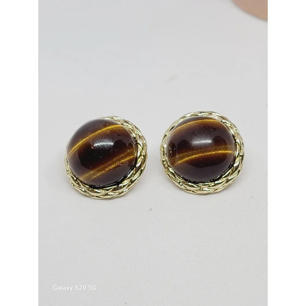 Vintage Style Gold Tone Tiger Eye Stud Earrings Round Braided Bezel Brown‎